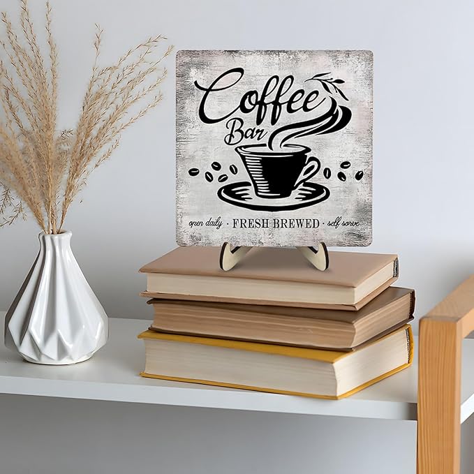 Vintage Coffee Bar Sign Plaque for Coffee Station,Funny Jave Desk Decor for Home or Office,Cafe Shop (Gray, 5.9x5.9inches)