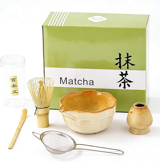 Matcha Bowl Set with Bamboo Whisk, Sifter & Scoop - Complete Ceramic Japanese Tea Ceremony Kit for Traditional Matcha Preparation (cream and tan gradient with textured finish)