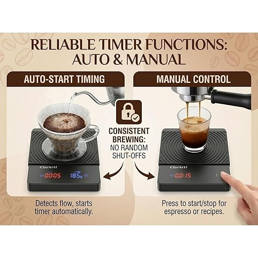 Coffee Scale with Timer – Fast, Stable 0.1g Accuracy, Auto & Manual Timing, Water-Resistant Digital Scale for Pour Over & Espresso