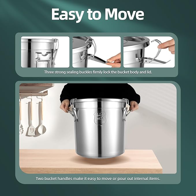 DYNAMI 5.5Gal 304 Stainless Steel Airtight Container with Lid and Locking Clamp,17-38Lbs Metal Bucket Stainless Steel Drum Large Canister for Kitchen,Dog Food/Bird Seed/Coffee Storage Container(21L)