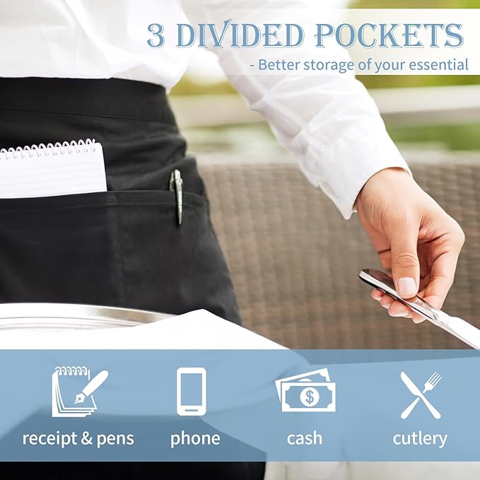 PEASUG Server Apron, Waitress Apron with 3 Pockets, Short Aprons for Women with Pockets for Servers, Waiter, Waitress