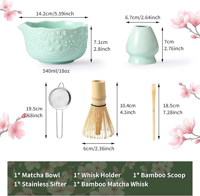 Matcha Whisk Set, 5 Pcs Ceramic Matcha Set, Matcha Kit Set Includes Matcha Bowl, Matcha Whisk and Holder, Bamboo Scoop and Sifter, Matcha Tea Set, Ideal Gift for Family/Friend (Green)