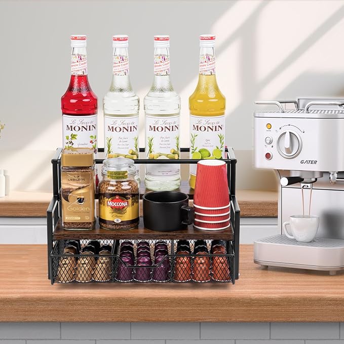 Wetheny Coffee Syrup Organizer for Coffee Bar, 3-Tier Metal Station with K Cup Storage Basket for Countertop, Coffee Pod Organizer Accessories