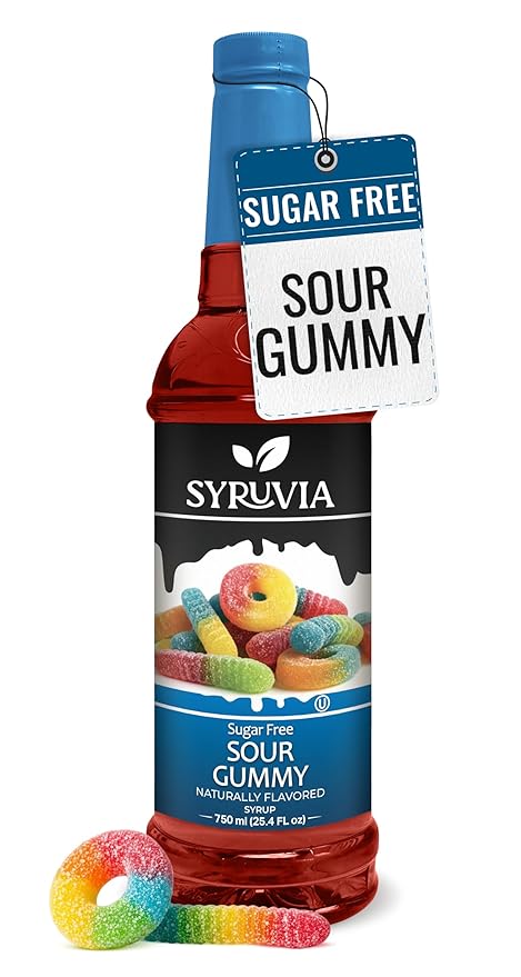 Syruvia Sugar-Free Sour Gummy Syrup, Natural Flavors, Syrup for Drinks, Lattes, and Desserts – 25.4 fl oz