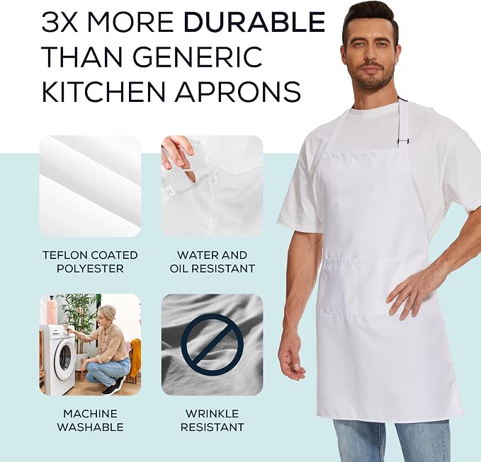 Will Well Kitchen 2 Pack Bib Apron For Men & Women with 2 Pockets - White | Unisex 33'' x 27'' Oil & Water Resistant Soft Kitchen Chef Apron with Adjustable Neck Strap & 38'' Waist Ties for Snug Fit - Image 2