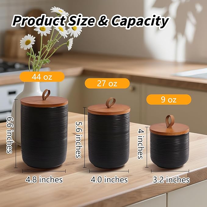 Food Storage Jar Strong Ceramic Storage Canisters with Airtight Wooden Lid,Kitchen Storage Containers for Serving Coffee Beans, Tea, Sugar, Salt, Spices (Big black 44 oz)