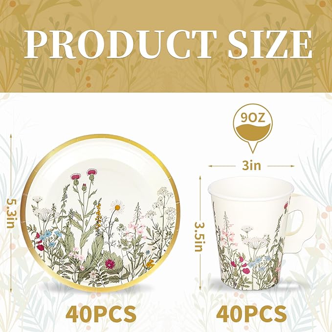 Whaline 80 Pcs Spring Floral Paper Tea Cups and Saucers 9 oz Vintage Wildflower Disposable Paper Tea Cups with Handle and Plates for Wedding Birthday Bridal Baby Shower Mother's Day Tea Party Decor
