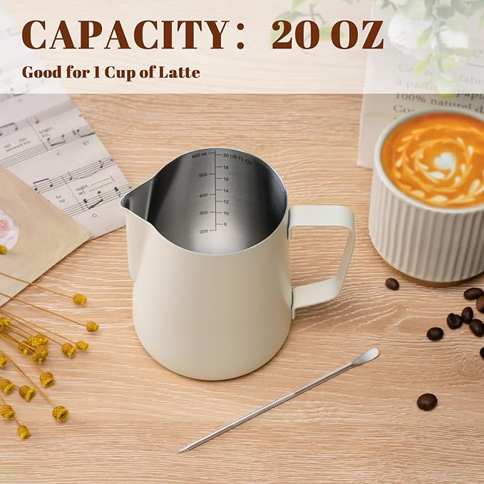Milk Frothing Pitcher, 20oz Milk Frother Cup with Clear Scale, 304 Stainless Steel Cappuccino Espresso Machine Accessories for Barista Coffee Bar with Latte Art Pen, White