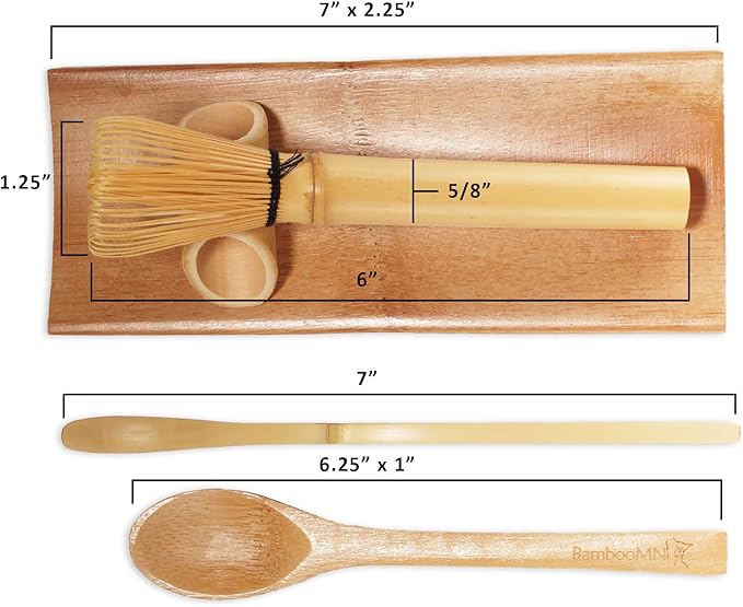 BambooMN Matcha Whisk Set - Skinny Golden Chasen (Tea Whisk), Tray, Chashaku (Hooked Bamboo Scoop), Tea Spoon - 1 Set