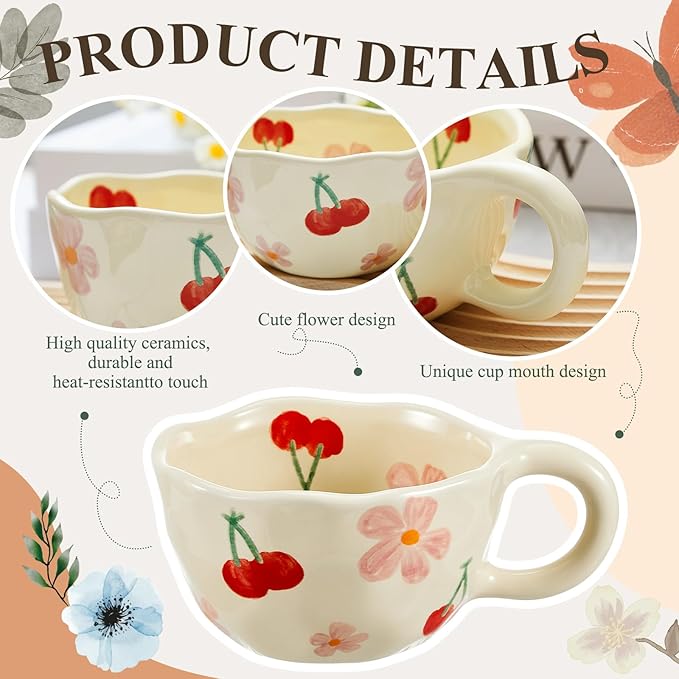 Vesici 1 Set Ceramic Flower Coffee Mug with Saucer Spoon 8.5 oz Vintage Floral Aesthetic Mugs Cute Tea Milk Cup for Women Mom Gift, Dishwasher and Microwave Safe (Classic Style)