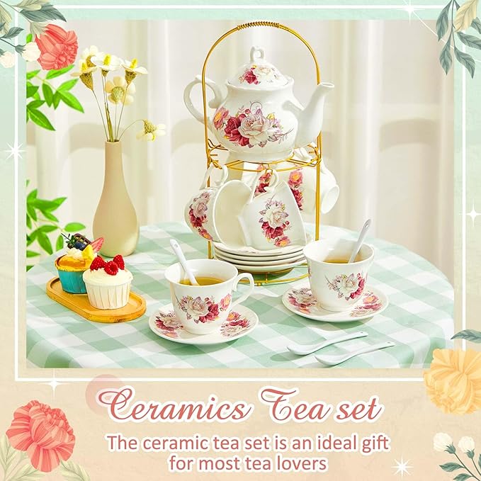 Zhehao 20 Pcs Porcelain Tea Set with Metal Holder and Spoon Adult Ceramic Tea Set European Flower Painting Teapot Cup Saucer Spoon for Women, Large Version(Grace Style)
