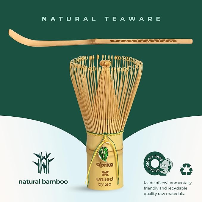 Matcha Gift Set 6 Pcs – Ceramic Bowl, Bamboo Whisk, Whisk Holder, Scoop, Sifter & Cloth – Traditional Japanese Set for Green Tea by Aprika Matcha (Green with Spout)