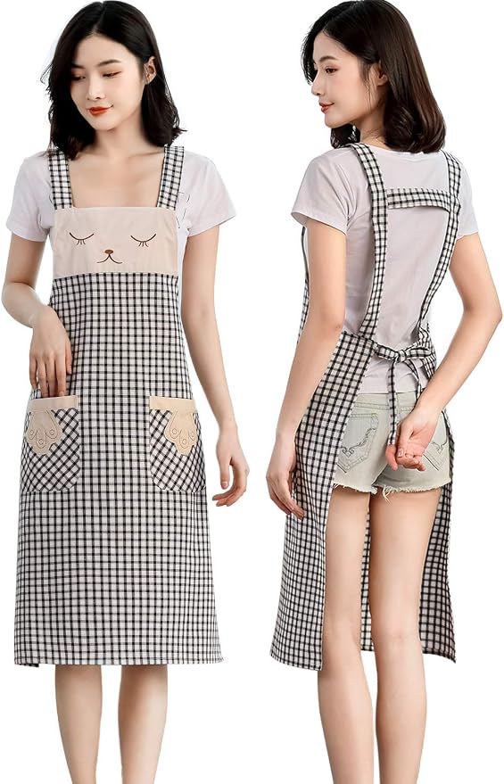 NEWGEM 100% Cotton Cute Plaid Apron with Pockets - Korean Style H-Back Cat Pinafore for Kitchen Cooking, Housewife (Black/White Cat) by NEWGEM