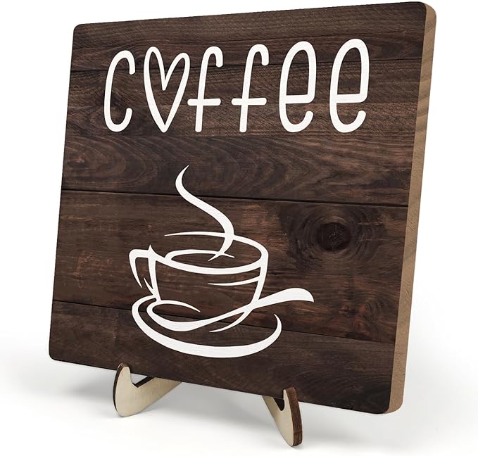 Coffee Bar Sign Plaque Decor,Coffee Bar Accessories,Rustic Wooden Tabletop Plaque with Stand, Minimalist Farmhouse Kitchen Counter Sign,Cute Mini Café Bar Decor Gift (Brown2, 5.9x5.9inches)