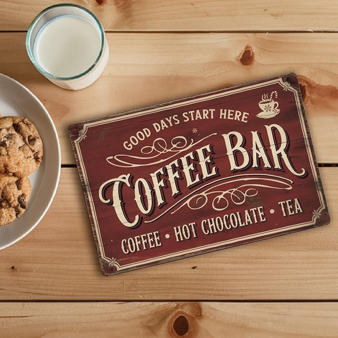 Vintage “Coffee Bar” Metal Sign – Retro Café Wall Art With Red Distressed Background, Rustic Kitchen Or Coffee Station Decor 8x12