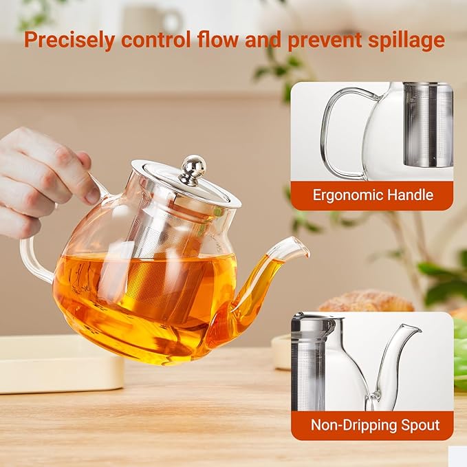 37oz/1100ml Glass Teapot with Removable Infuser, Stovetop & Microwave Safe Borosilicate Tea Kettle, Clear Flowering Tea Maker with 18/10 Stainless Steel Filter for Loose Leaf & Blooming Tea