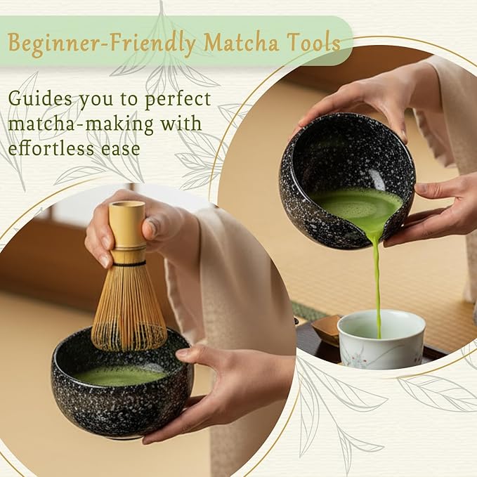 8 Pcs Matcha Whisk Set Chasen Matcha Whisk Bamboo Bowl with Spout Sifter Spoon Scoop Whisk Holder Bamboo Mat Complete Matcha Making Kit (9pcs-black)