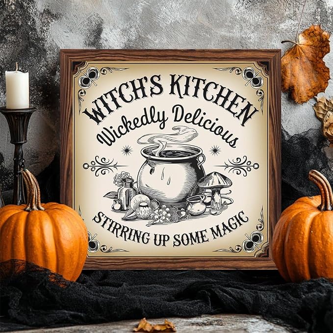 Vintage Halloween Witches Kitchen Stirring Up Some Magic Wooden Sign, With Frame Witch Cauldron Sign for Home Kitchen, Cafe, Bedroom Halloween Decor 7.87x7.87 Inch - Image 2