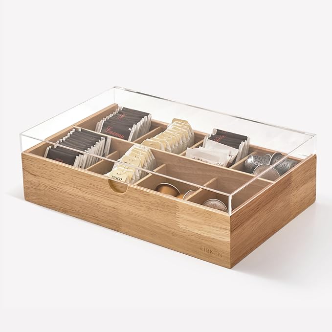 Wooden Tea Bag Organizer Box – 8 Compartment Tea Storage with Clear Lid – Minimalist Scandinavian Design – Versatile Wooden Tea Box for Tea Bags, Jewelry, Crafts, Office & Countertop Storage