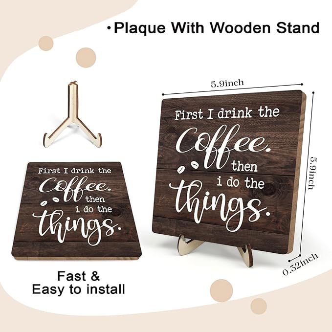 Vintage Coffee Bar Sign Plaque,Rustic Wooden Tabletop Plaque with Stand, Minimalist Farmhouse Kitchen Counter Sign for Coffee Station, Cute Mini Café Bar Decor Gift 5.9x5.9Inch