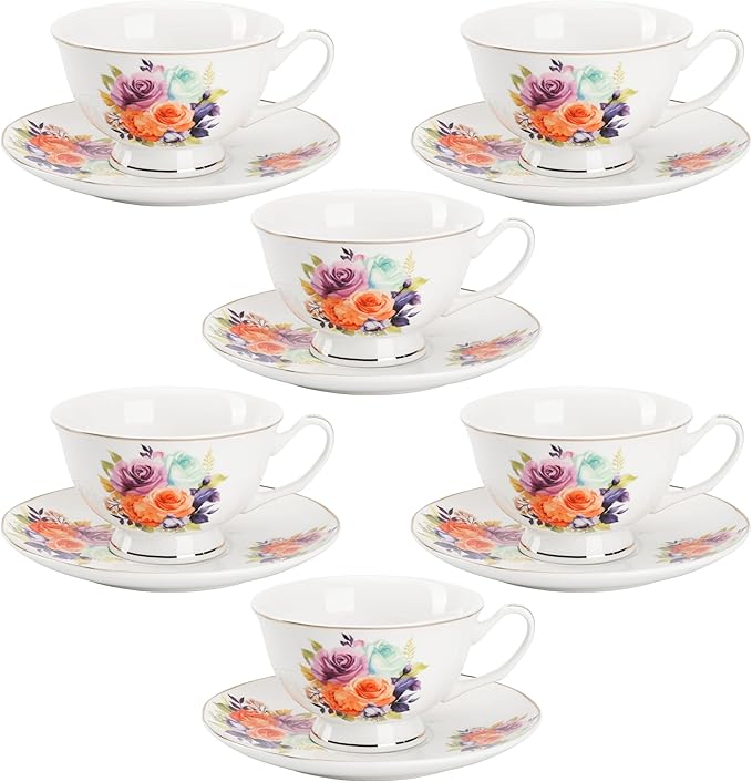 BTaT- Floral Tea Cups and Saucers, Set of 6, 8 oz, Fine Porcelain Teacup Set with Gold Trim for Afternoon Tea, Weddings, Parties & Gifting, Dishwasher Safe