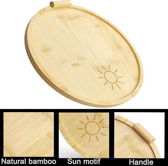 Bamboo Tray with Handle, Round Wooden Serving Tray for Bed Breakfast, Charcuterie Platters, Footstools, Coffee Tables, Outdoor Gatherings, Gifting and Home Decor Storage Tray (11.8 inch)