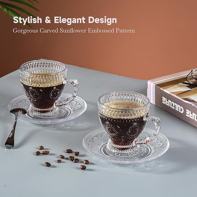 Glass Teacups and Saucers Set of 6, Vintage Coffee Mugs with Stainless Steel Spoon, Dishwasher & Microwave Safe Teacups for Espresso Cappuccino Latte Tea Juice, 7OZ/210ML, Clear