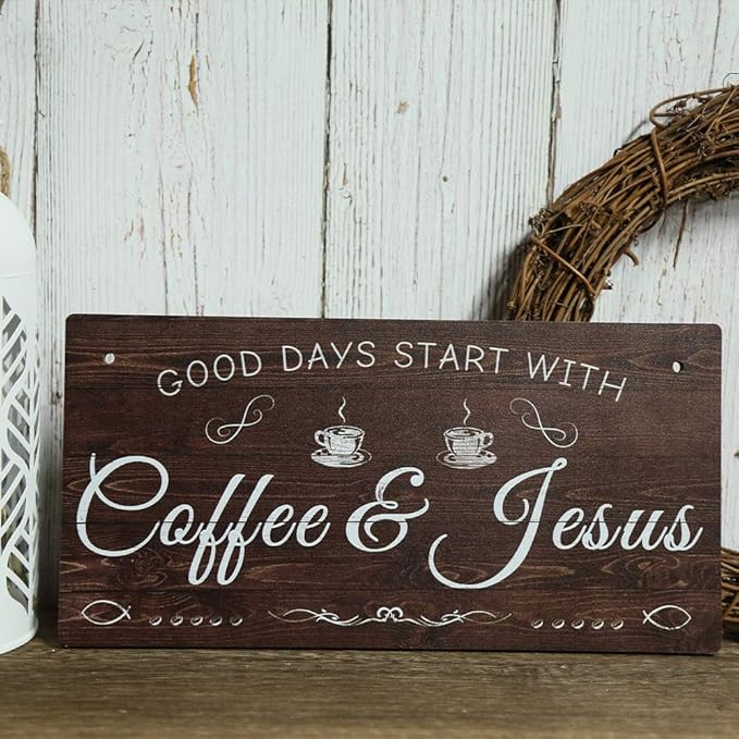 Putuo Decor Coffee Sign, Kitchen Coffee Bar Decor, 12 x 6 Hanging Plaque, Gifts for Coffee Lover (Good Days Start with Coffee & Jesus)