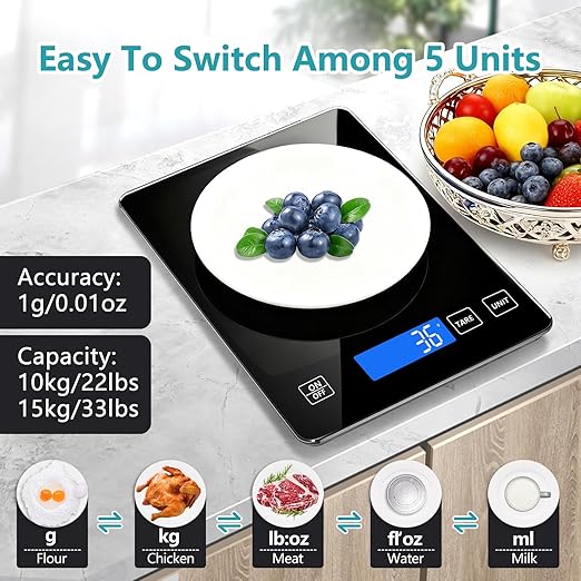 Food Scale, Digital Kitchen Scale 33lb/15kg Steel and Tempered Glass with 1g/0.1oz Precision, Tare & 10 Units, Type-C Rechargeable, LCD Display for Baking, Cooking, Meal Prep, Coffee, Postage Black