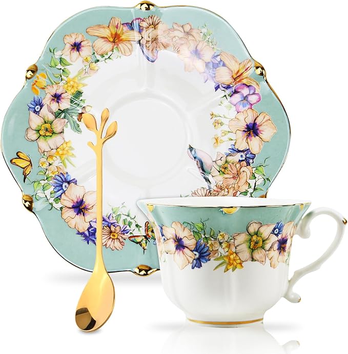 Country Roses Porcelain Tea Cup and Saucer Set with Gold Trim, Vintage Style, For Women and Tea Parties (1, Light Cyan)