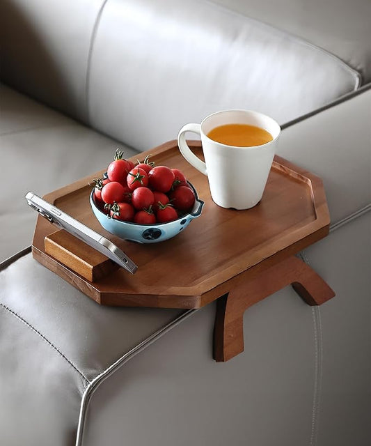 BAMBOO LAND- Couch Arm Tray, Wooden Folding Couch Armrest Table, Octagonal Clip-On Sofa Arm Tray with 360° Rotating Phone Holder
