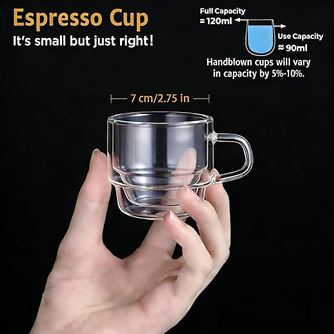 glastal 4 oz Stackable Glass Cups Espresso Cups Double Walled Espresso Glasses Set of 4, 120ml Coffee Tea Glasses Expresso Shots Cup Set for Tea, Milk, Gifts for Women Man - German Quality