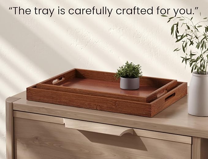 Bamboo Set of 2 Serving Tray with Handles,Decorative Trays Platter,Breakfast Tray in Bed,Food Drinks Tray for Eating,Working,Storing(Brown)