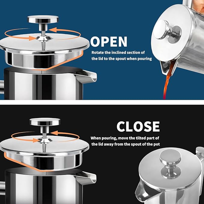 MERMOO YILAN French Press 34oz Insulated Stainless Steel Coffee Maker Unbreakable Coffee Press Easy to Clean for Home, Camping, Travel (Silver)
