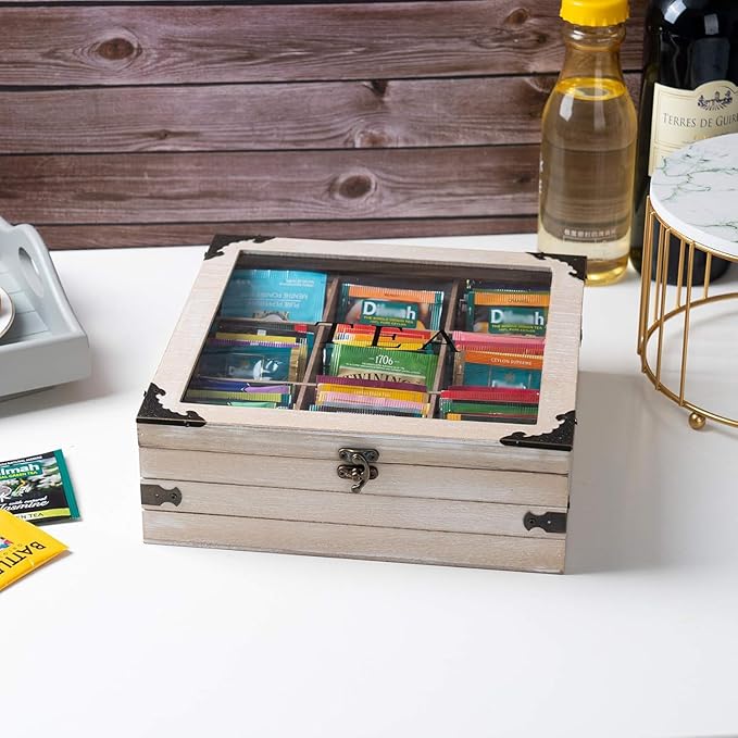 Tea Box Organizer - 9 Compartment Rustic Storage Box, Holder for Tea Bags, Coffee Pods, Instant Coffee Packets, Creamers, Sugar (Gray)