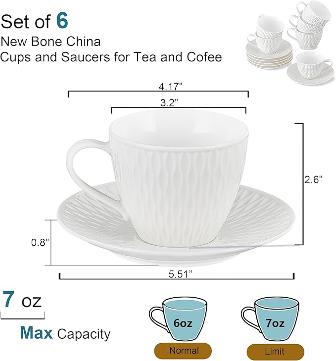 Espresso Cup and Saucer Set of 6, 6 oz Ceramic Cappuccino Barista Cup with Saucer, Stackable Coffee Mugs for Demitasse, Au Lait, Latte, Cafe Mocha, Tea, Birthday Day Thanksgiving Christmas Gift, White