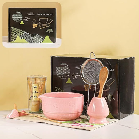 Matcha Set, 8-Piece Ceramic Matcha Bowl & Whisk Kit with Mushroom Pattern, Traditional Japanese Chawan, Bamboo Chasen, Scoop & Sifter, Gift for Tea Lovers, Zen Tea Ceremony Accessories (pink)