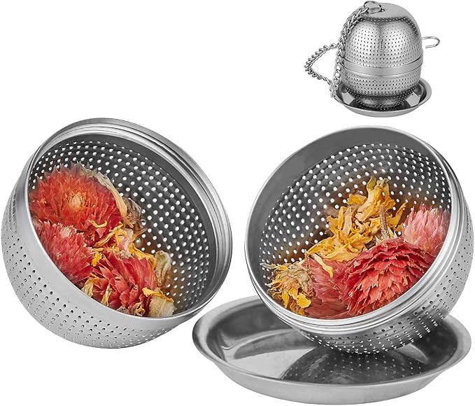 Tea Infuser Ball,Tea Strainer Ball for Loose Leaf Tea, Spice Infuser Stainless Steel Mesh, Fine Threaded Connection, 4.3 inch Chain with Drip Tray