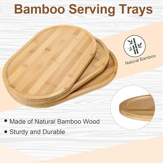 Tanlade 4 Pieces Bamboo Oval Serving Tray, 16 x 10 Inch, Rustic Wooden Trays for Crafts, Desserts, Tea, Coffee, Candy