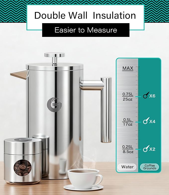 Coffee Gator 304 Grade Stainless Steel French Press Coffee Maker 34 oz, Double Wall Insulated Teapot with 4-Level Filtration System, Include Travel Jar Canister, Rust-Free, Dishwasher Safe, Silver