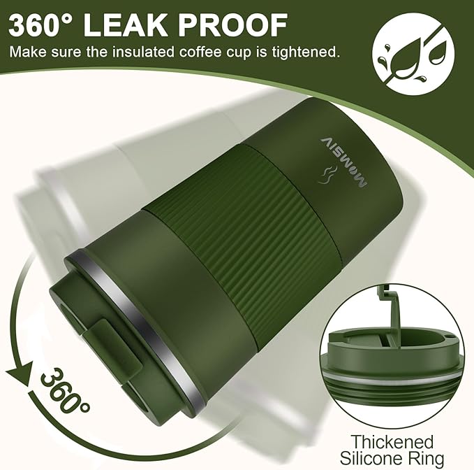 MOMSIV 12oz Travel Mug, Insulated Coffee Cup with Leakproof Lid, Vacuum Stainless Steel Double Walled Reusable Tumbler for Hot and Cold Water Coffee and Tea In Travel and Car Armygreen 380ML