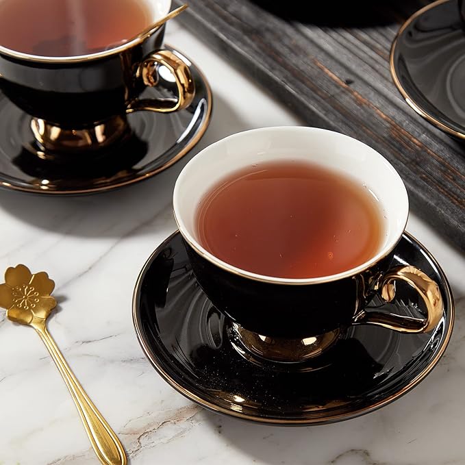 DUJUST Porcelain Tea Cup and Saucer Set with Spoon - Luxury Black British Style Modern Tea Set with Golden Trim, for Room Decoration & Tea Party - Black