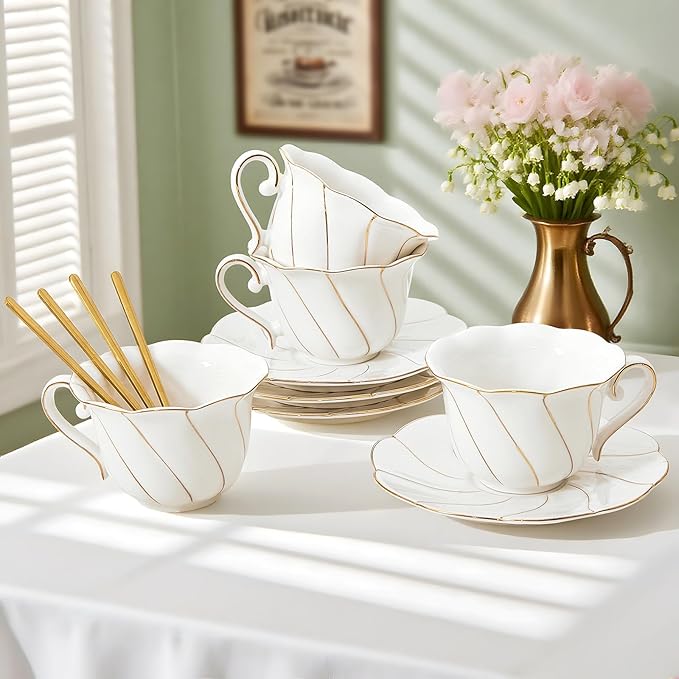 DUJUST Luxury Tea Cups and Saucers with Golden Trim, White Porcelain Tea Set of 4(7oz), British Style Coffee Cup Set, Beautiful Tea Set for Women, Tea Party Set, Gift Package - White