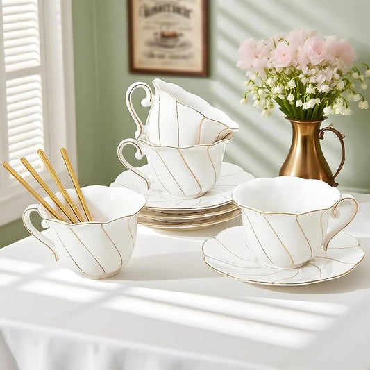 DUJUST Luxury Tea Cups and Saucers with Golden Trim, White Porcelain Tea Set of 4(7oz), British Style Coffee Cup Set, Beautiful Tea Set for Women, Tea Party Set, Gift Package - White