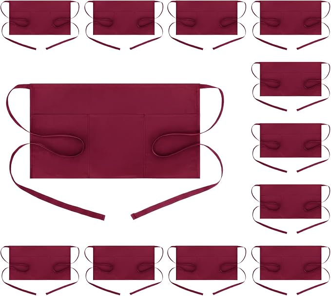 BOHARERS Waist Apron with 3 Pockets 12 Pack - Red Waitress Server Short Apron