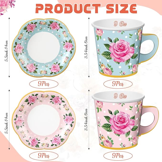 Umigy 36 Sets Tea Party Decorations 9 oz Floral Paper Tea Cups with Handle and Plates Disposable Blossom Teacups and Saucers Sets for Girls Kids Birthday Garden Wedding Party Supplies(Blue Pink)