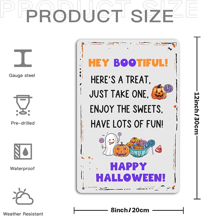 KanaAt Funny Halloween Trick or Treat Metal Sign Here's a Treat Just Take One Halloween Wall Art Decor for Home Farmhouse Yard Garage Club Porch Front Door Decor 8x12 inch, diany-m91 - Image 2