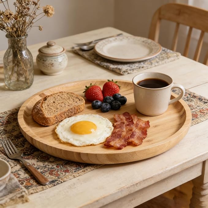 3 PCS 12 Inch Round Bamboo Tray, Bamboo Serving Platter Round Wood Plate, Unfinished Wood Tray for Pizza, Cheese, Fruit, Breakfast