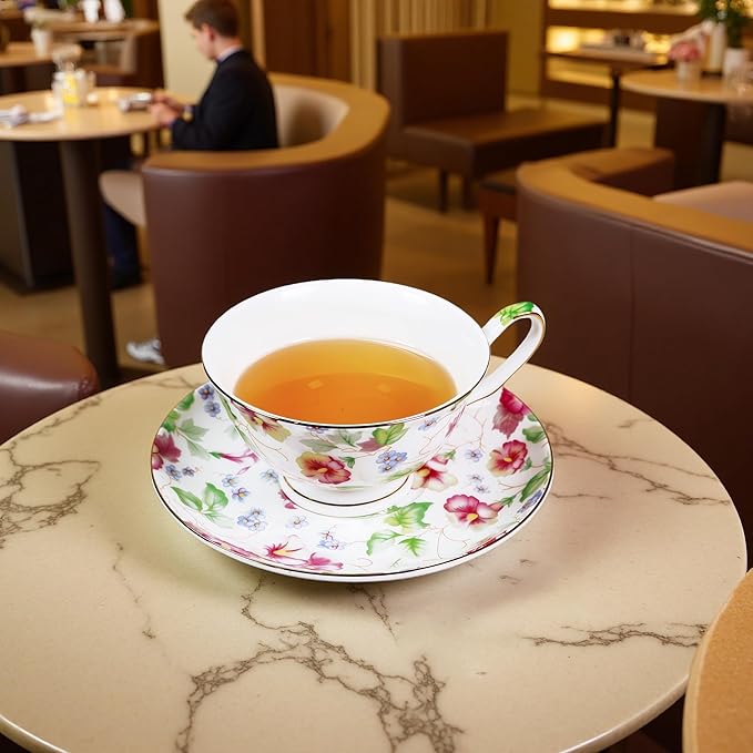 Tea cup and Saucer Set Royal Garden Style Tea Coffee Cup with Saucer 7 Ounces Bone China Teacup and saucer Set (White-Flower)
