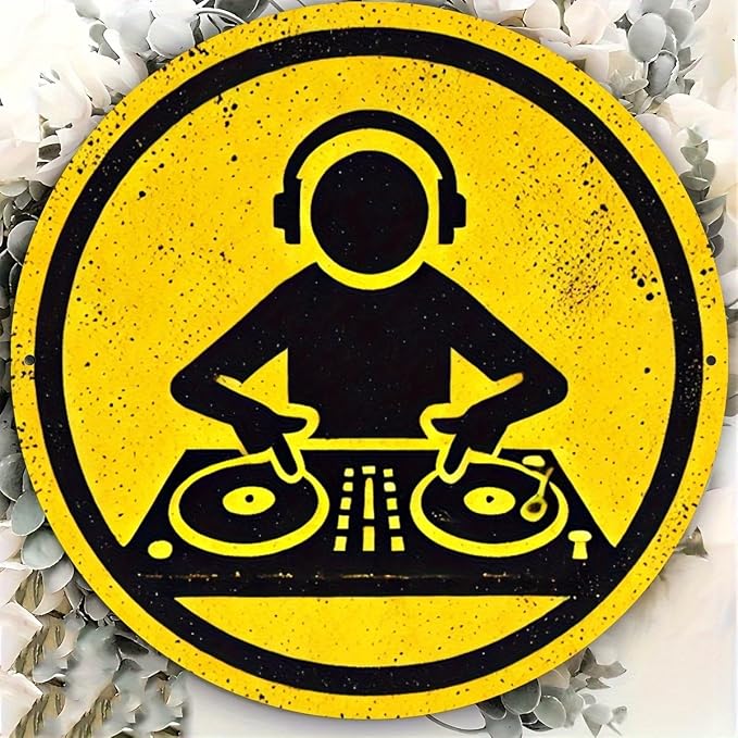 1pc Vintage DJ Themed Iron Sign, 8x8 inches, Circular Wall Art, Multipurpose Home/Room/Restaurant/Bar/Café/Garage Decor, Wall Hanging, No Electricity Needed by Unknown